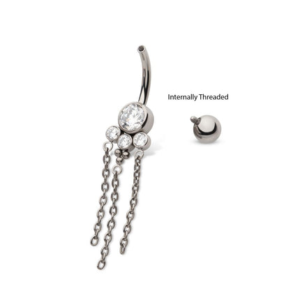 Invictus Titanium Internally Threaded Bezel Set Round Gem Cluster Navel with Tri-Bead and Triple Chain Dangle