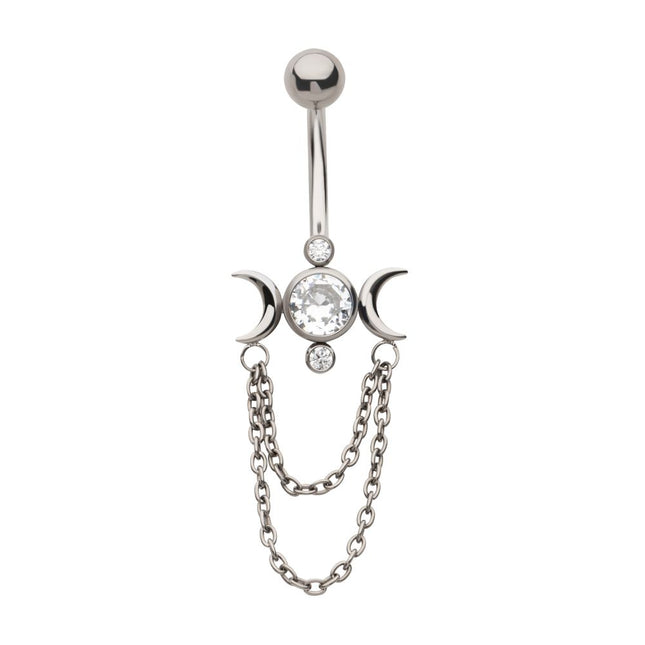 Invictus Titanium Internally Threaded Bezel Set Round Gem Triple Moon Phase Navel with 2-Tier Chain Dangle