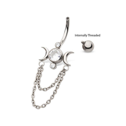 Invictus Titanium Internally Threaded Bezel Set Round Gem Triple Moon Phase Navel with 2-Tier Chain Dangle