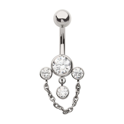 Invictus Titanium Internally Threaded Bezel Set Round Gem Fan Navel with Floating Gem and Chain Dangle