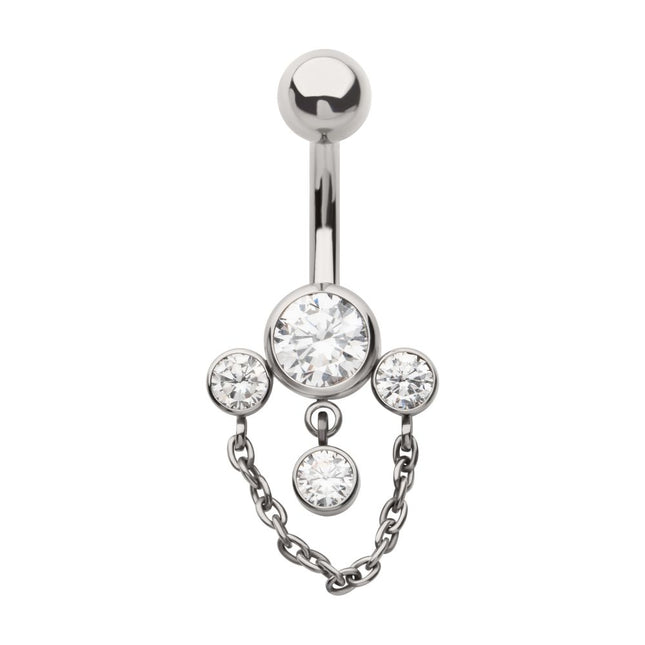 Invictus Titanium Internally Threaded Bezel Set Round Gem Fan Navel with Floating Gem and Chain Dangle