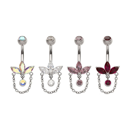 Invictus Titanium Internally Threaded Marquise Gem Fan Navel with Floating Gem and Chain Dangle