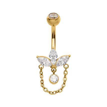 Invictus 24Kt Gold PVD Titanium Internally Threaded Marquise Gem Fan Navel with Floating Gem & Dangle Chain