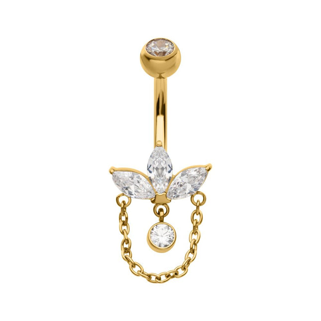 Invictus 24Kt Gold PVD Titanium Internally Threaded Marquise Gem Fan Navel with Floating Gem & Dangle Chain