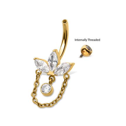 Invictus 24Kt Gold PVD Titanium Internally Threaded Marquise Gem Fan Navel with Floating Gem & Dangle Chain