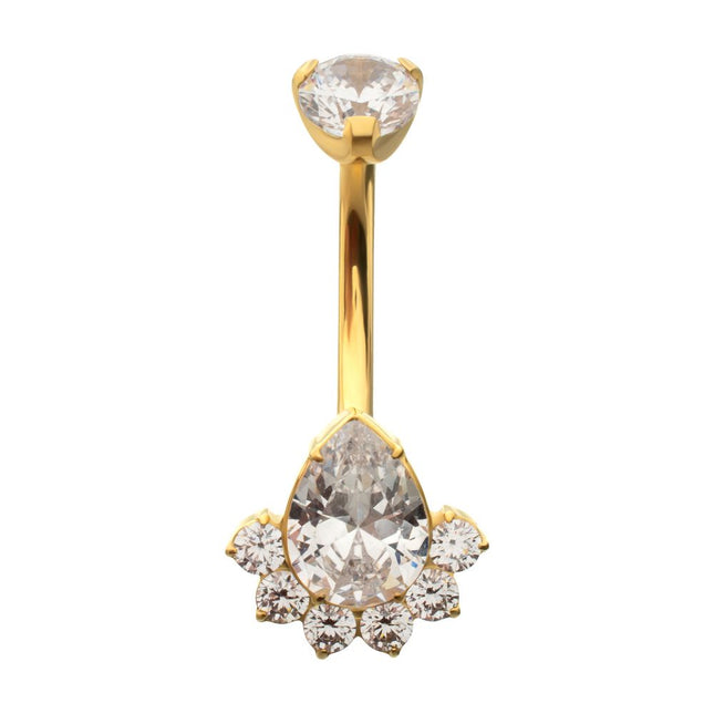Invictus 24Kt Gold PVD Titanium Internally Threaded Royal Cluster Teardrop Gem Fixed Bottom Non-Dangle Navel