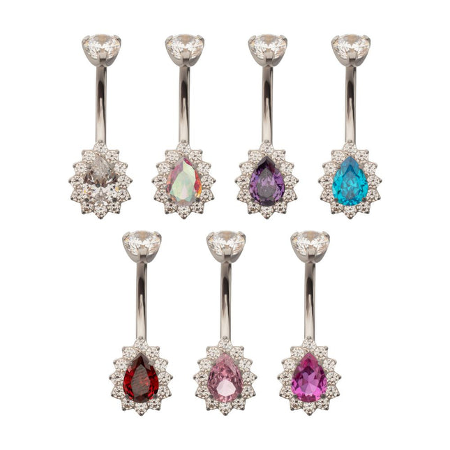 Invictus Titanium Internally Threaded Teardrop Halo with Clear Gem Edge Fixed Bottom Non-Dangle Navel