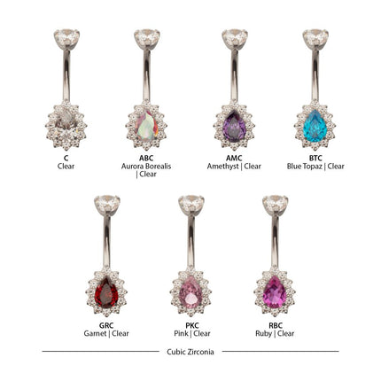 Invictus Titanium Internally Threaded Teardrop Halo with Clear Gem Edge Fixed Bottom Non-Dangle Navel
