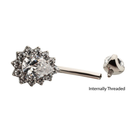 Invictus Titanium Internally Threaded Teardrop Halo with Clear Gem Edge Fixed Bottom Non-Dangle Navel