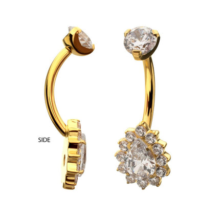 Invictus 24Kt Gold PVD Titanium Internally Threaded Teardrop Halo with Clear Gem Edge Fixed Bottom Non-Dangle Navel