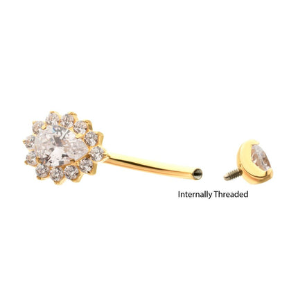 Invictus 24Kt Gold PVD Titanium Internally Threaded Teardrop Halo with Clear Gem Edge Fixed Bottom Non-Dangle Navel
