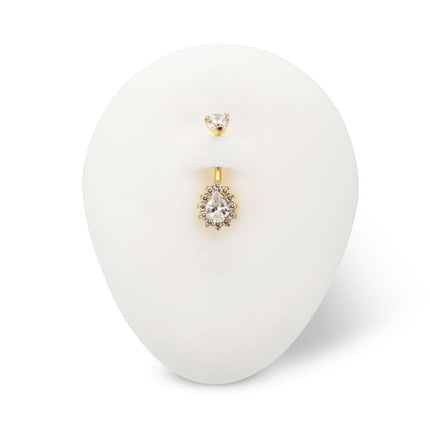 Invictus 24Kt Gold PVD Titanium Internally Threaded Teardrop Halo with Clear Gem Edge Fixed Bottom Non-Dangle Navel