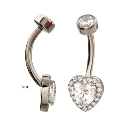 Invictus Titanium Internally Threaded Radiant Heart Halo with Clear Gem Edge Fixed Bottom Non-Dangle Navel