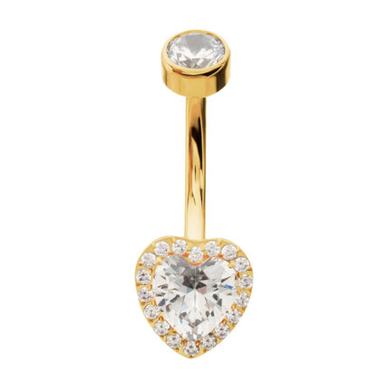 Invictus 24Kt Gold PVD Titanium Internally Threaded Radiant Heart Halo with Clear Gem Edge Fixed Bottom Non-Dangle Navel