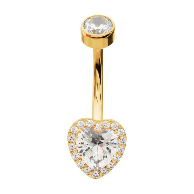 Invictus 24Kt Gold PVD Titanium Internally Threaded Radiant Heart Halo with Clear Gem Edge Fixed Bottom Non-Dangle Navel