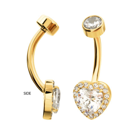 Invictus 24Kt Gold PVD Titanium Internally Threaded Radiant Heart Halo with Clear Gem Edge Fixed Bottom Non-Dangle Navel