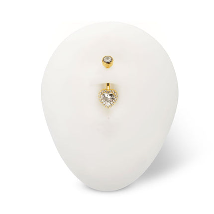Invictus 24Kt Gold PVD Titanium Internally Threaded Radiant Heart Halo with Clear Gem Edge Fixed Bottom Non-Dangle Navel