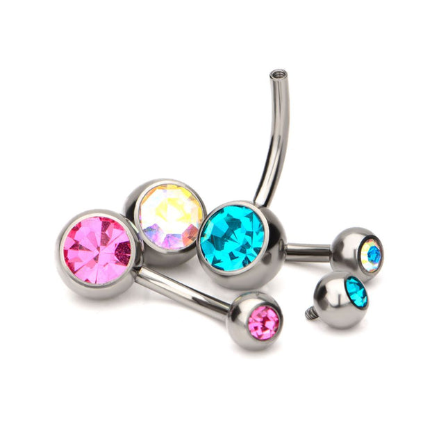 Invictus Titanium Internally Threaded with Bezel Set Double Swarovski Crystal Navel Curves
