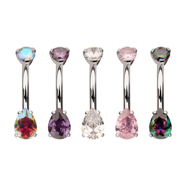 Invictus Titanium Internally Threaded Double Prong Set Teardrop Gem Fixed Bottom Navel