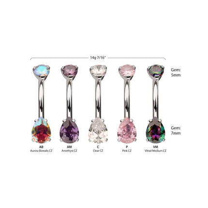 Invictus Titanium Internally Threaded Double Prong Set Teardrop Gem Fixed Bottom Navel