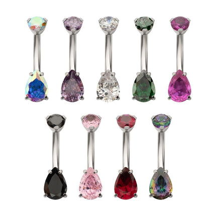 Invictus Titanium Internally Threaded Double Teardrop with 4-Prong Bottom Gem Fixed Bottom Navel