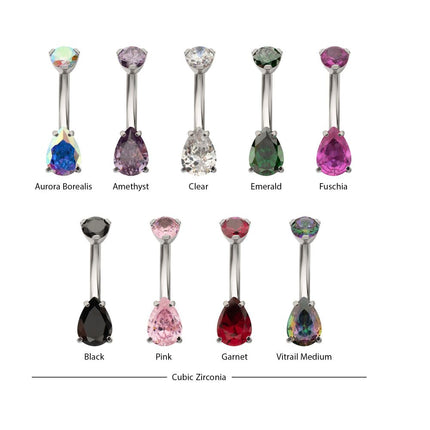 Invictus Titanium Internally Threaded Double Teardrop with 4-Prong Bottom Gem Fixed Bottom Navel