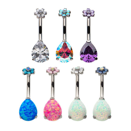 Invictus Titanium Internally Threaded with Prong Set AAA CZ & Synthetic Opal Flower Top and Teardrop Bottom Fixed Navel