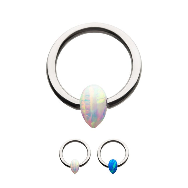Invictus Titanium Captive Bead Ring with Synthetic Opal Teardrop Bead