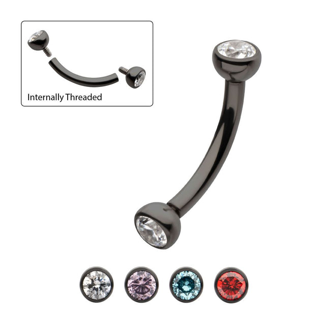 Invictus Black PVD Titanium Internally Threaded Double Bezel Gem End Curved Barbell