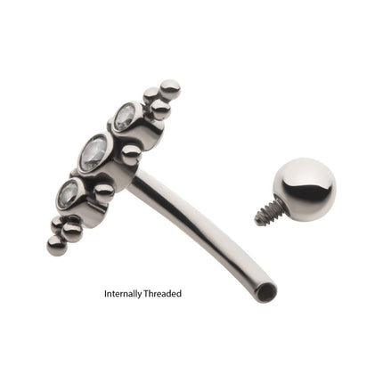 Invictus Titanium Internally Threaded with Beaded Bezel Set CZ 3-Cluster Fixed Top Curved Barbell
