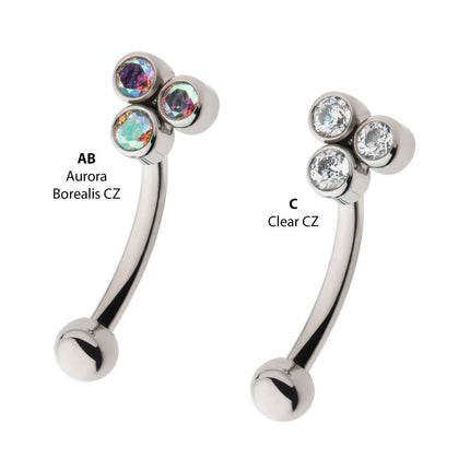 Invictus Titanium Internally Threaded Trinity Bezel Gem Fixed Top Curved Barbell