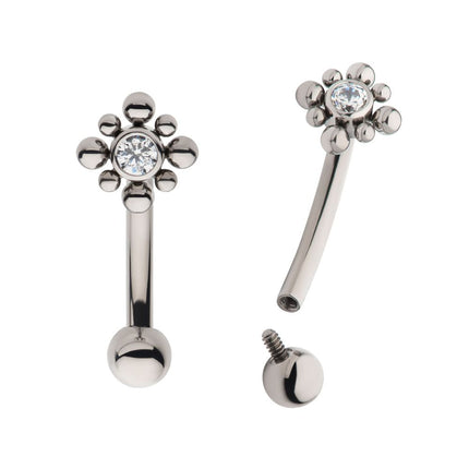 Invictus Titanium Internally Threaded with Beads Around Bezel Set Clear AAA CZ Flower Fixed Top Curved Barbell
