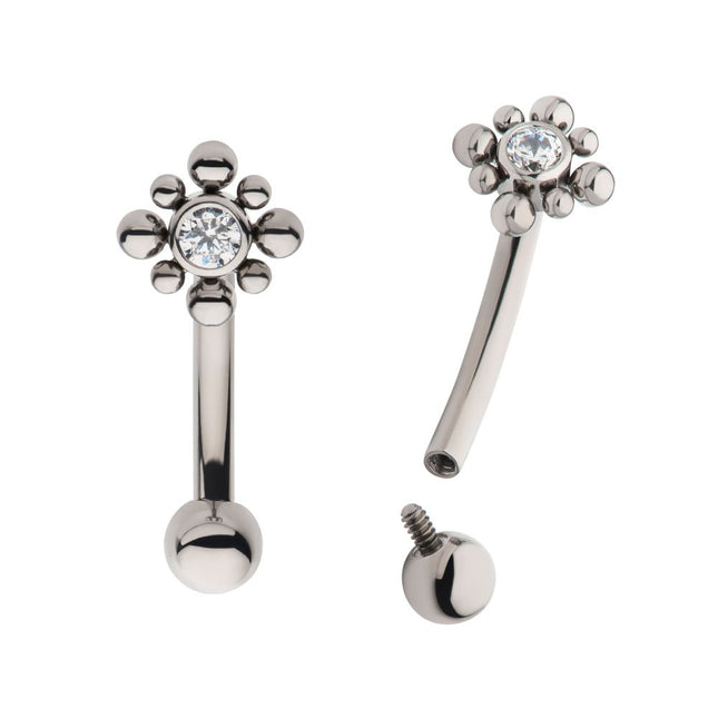 Invictus Titanium Internally Threaded with Beads Around Bezel Set Clear AAA CZ Flower Fixed Top Curved Barbell