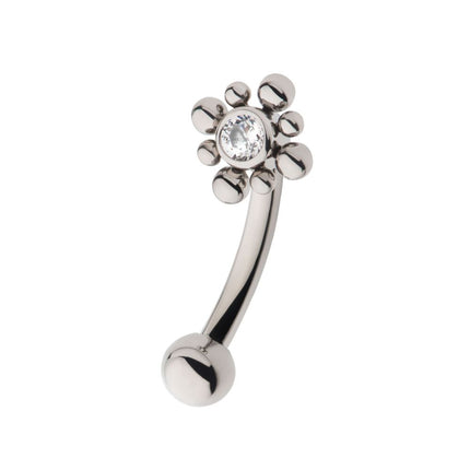 Invictus Titanium Internally Threaded with Beads Around Bezel Set Clear AAA CZ Flower Fixed Top Curved Barbell