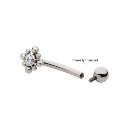 Invictus Titanium Internally Threaded with Beads Around Bezel Set Clear AAA CZ Flower Fixed Top Curved Barbell
