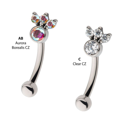 Invictus Titanium Internally Threaded Trinity Prong Set Gem & Bezel Round Gem Fixed Top Curved Barbell
