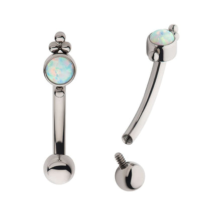 Invictus Titanium Internally Threaded Tri Bead & Bezel Set White Opal Fixed Top Curved Barbell