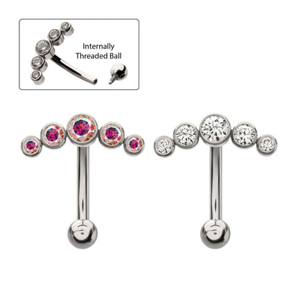Invictus Titanium Internally Threaded 5-Cluster Bezel Set Gem Fixed Top Curved Barbell