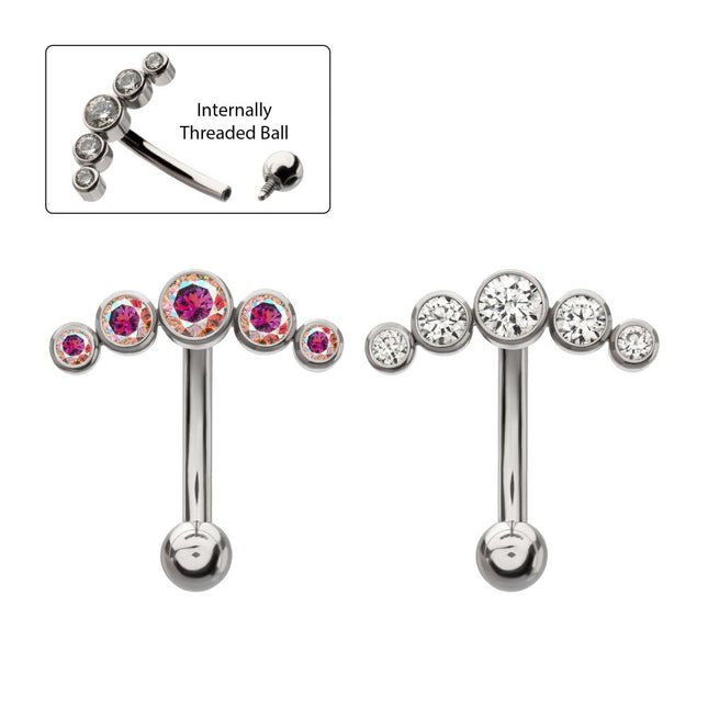Invictus Titanium Internally Threaded 5-Cluster Bezel Set Gem Fixed Top Curved Barbell