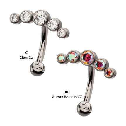 Invictus Titanium Internally Threaded 5-Cluster Bezel Set Gem Fixed Top Curved Barbell