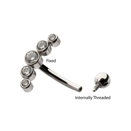 Invictus Titanium Internally Threaded 5-Cluster Bezel Set Gem Fixed Top Curved Barbell