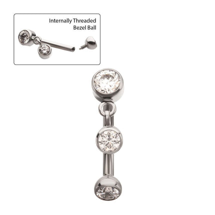 Invictus Titanium Internally Threaded Bezel Gem Fixed Top Curved Barbell with Floating Gem Dangle
