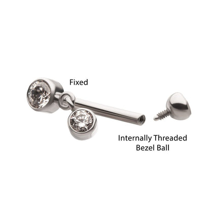 Invictus Titanium Internally Threaded Bezel Gem Fixed Top Curved Barbell with Floating Gem Dangle
