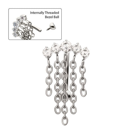 Invictus Titanium Internally Threaded 5-Cluster Prong Gem Fixed Top Curved Barbell with 5 Chain Dangle