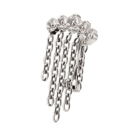 Invictus Titanium Internally Threaded 5-Cluster Prong Gem Fixed Top Curved Barbell with 5 Chain Dangle