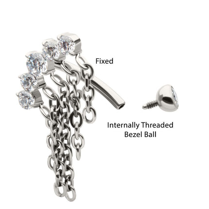 Invictus Titanium Internally Threaded 5-Cluster Prong Gem Fixed Top Curved Barbell with 5 Chain Dangle