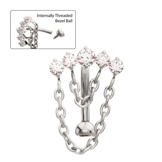 Invictus Titanium Internally Threaded 5-Cluster Prong Gem Fixed Top Curved Barbell with 2 Tier Chain Dangle