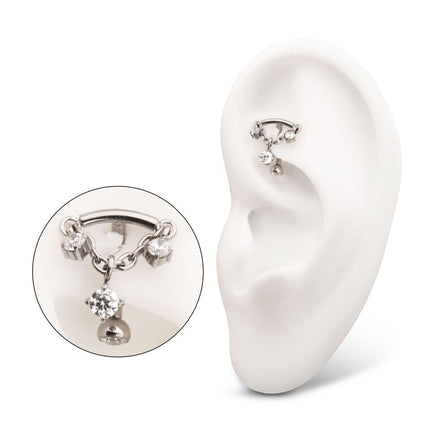 Invictus Titanium Internally Threaded Fixed Top Curved Barbell with Triple Floating Prong Gem Dangle