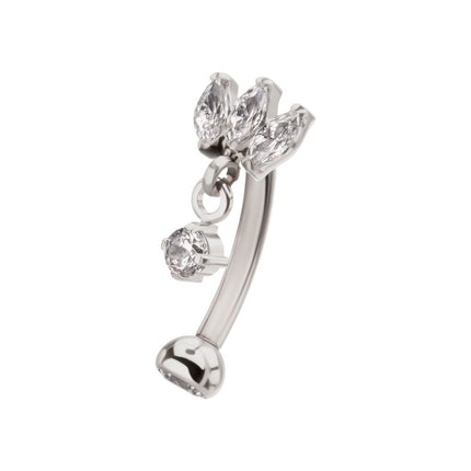 Invictus Titanium Internally Threaded V-Prong Triple Marquise Gem Fixed Top Curved Barbell with Floating Prong Gem Dangle