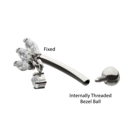 Invictus Titanium Internally Threaded V-Prong Triple Marquise Gem Fixed Top Curved Barbell with Floating Prong Gem Dangle